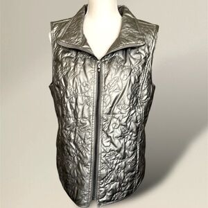 Onque Quilted Vest Puffy Platinum Silver Metallic Faux Leather Zip Up Streetwear
